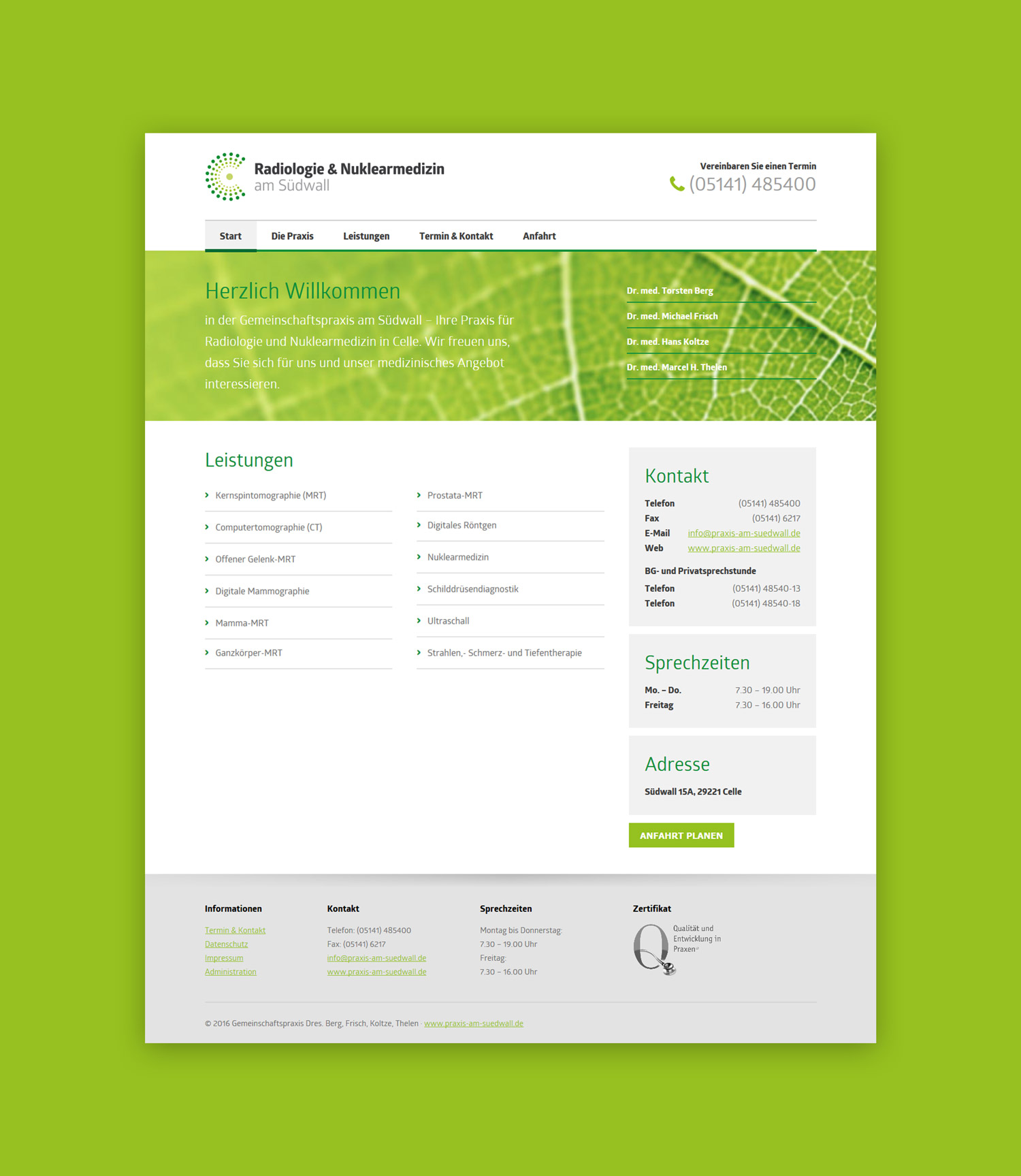 Startseite Website für die Praxis am Südwall