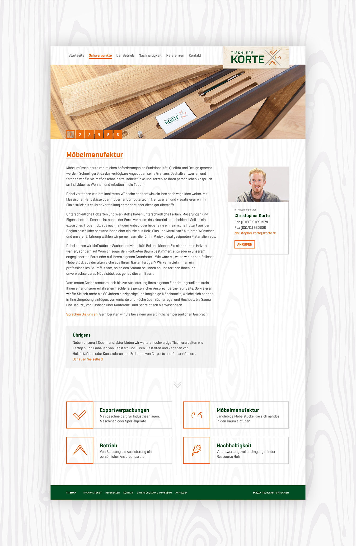 Startseite der Website für die Tischlerei Korte